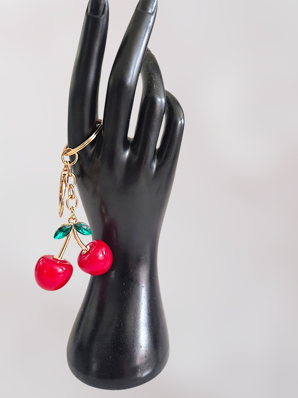 Bright Glossy Red Cherry Bag Charm / Keychain - Gold